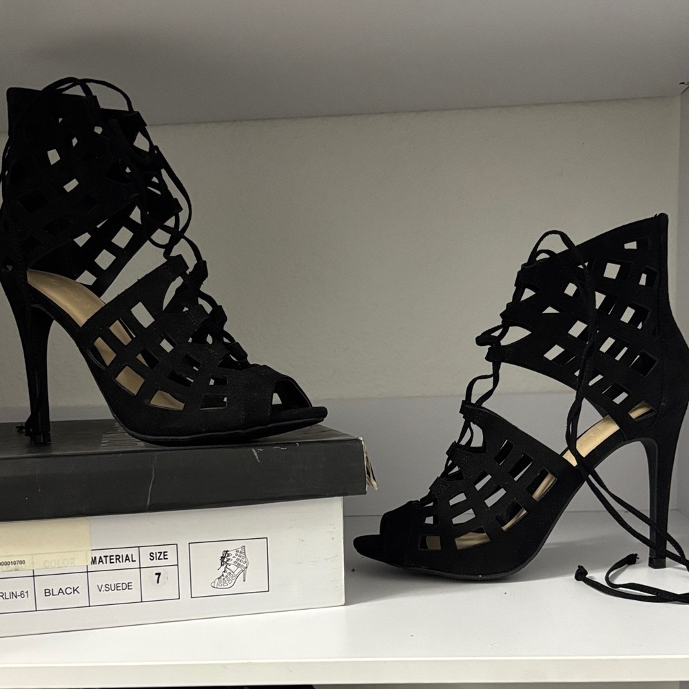 Wild Diva Black Suede Lace-Up Heels